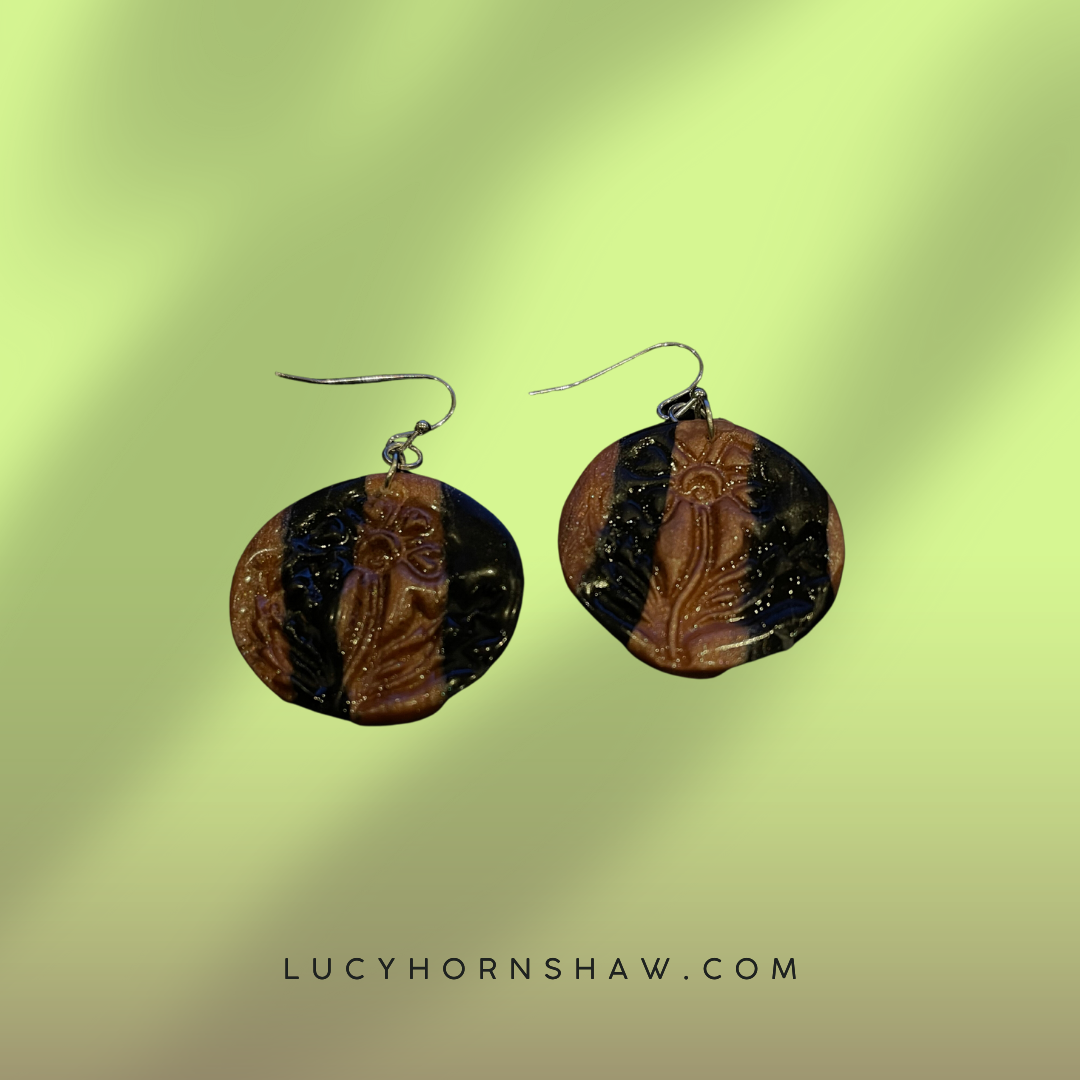 Pink & black disc Polymer clay drop earrings