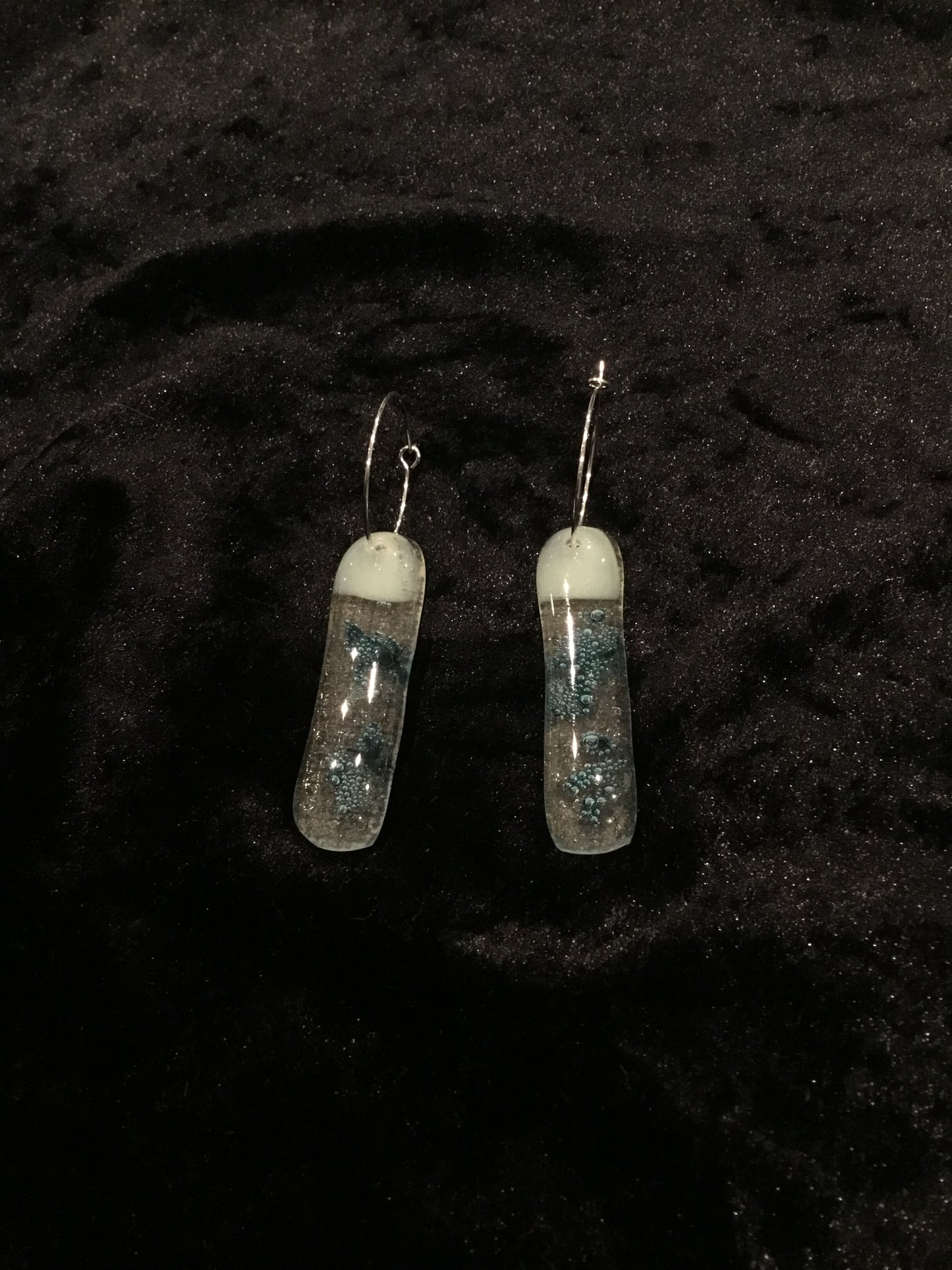 Fused white & blue glass oblong earrings on hoop