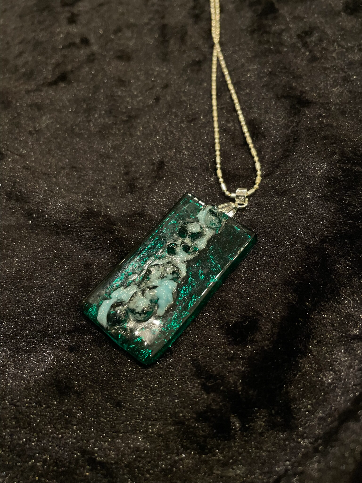 Fused glass necklace in green and white