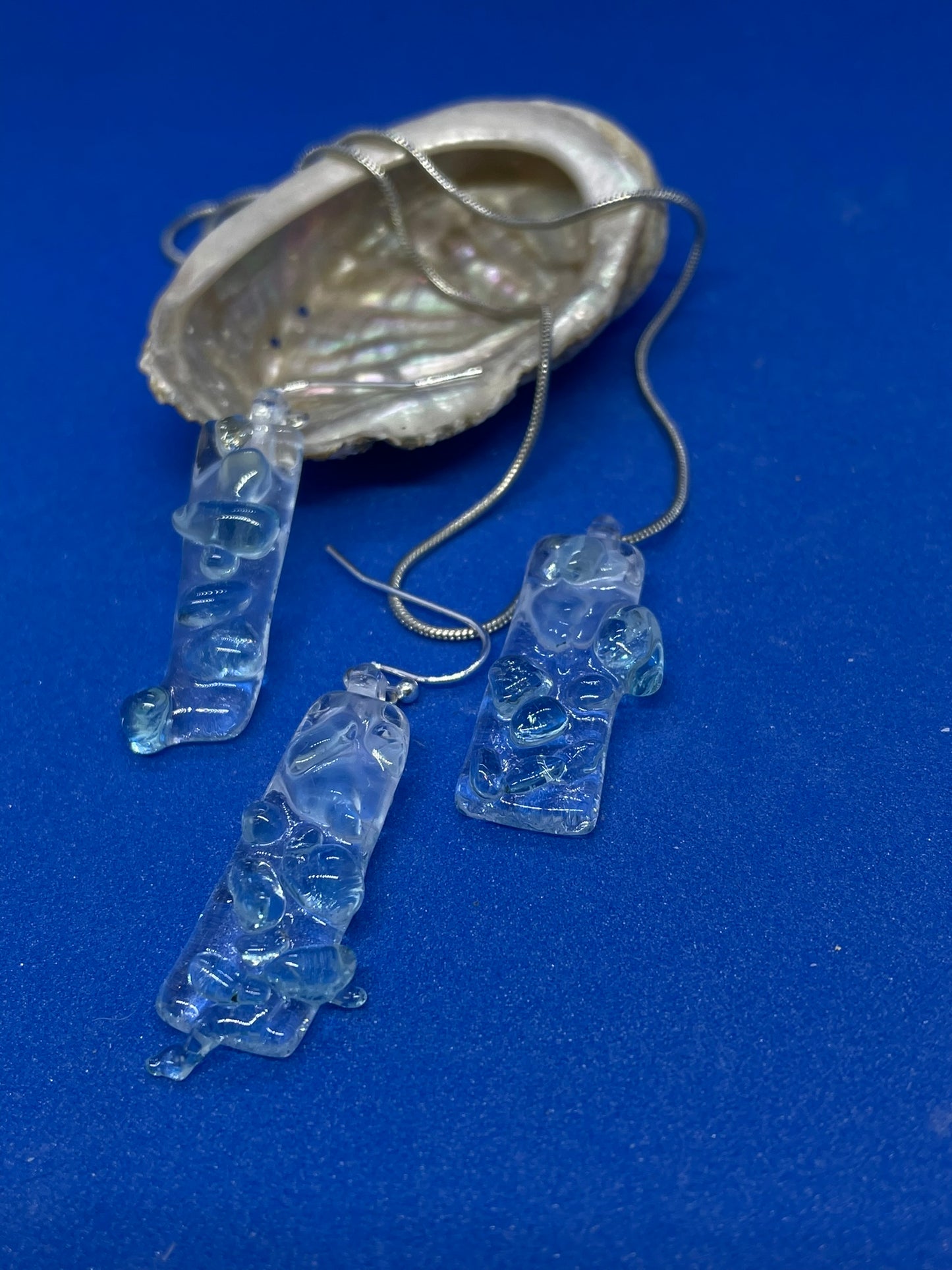 Fused clear and green glass bubbles oblong necklace
