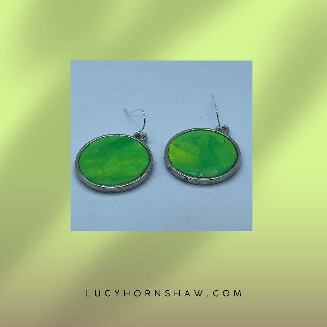 Green disc Polymer clay earrings in silver casing
