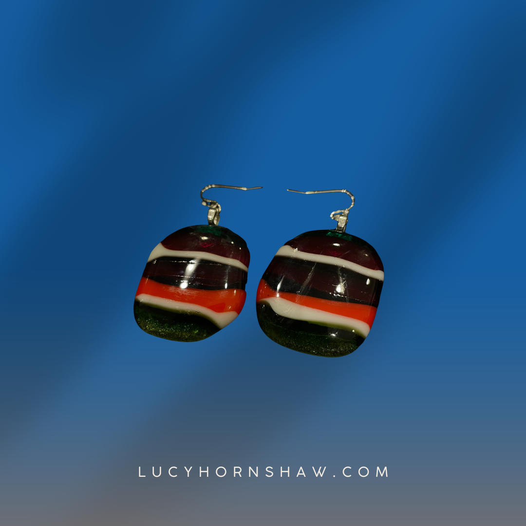 Fused orange, white & red glass oblong earrings