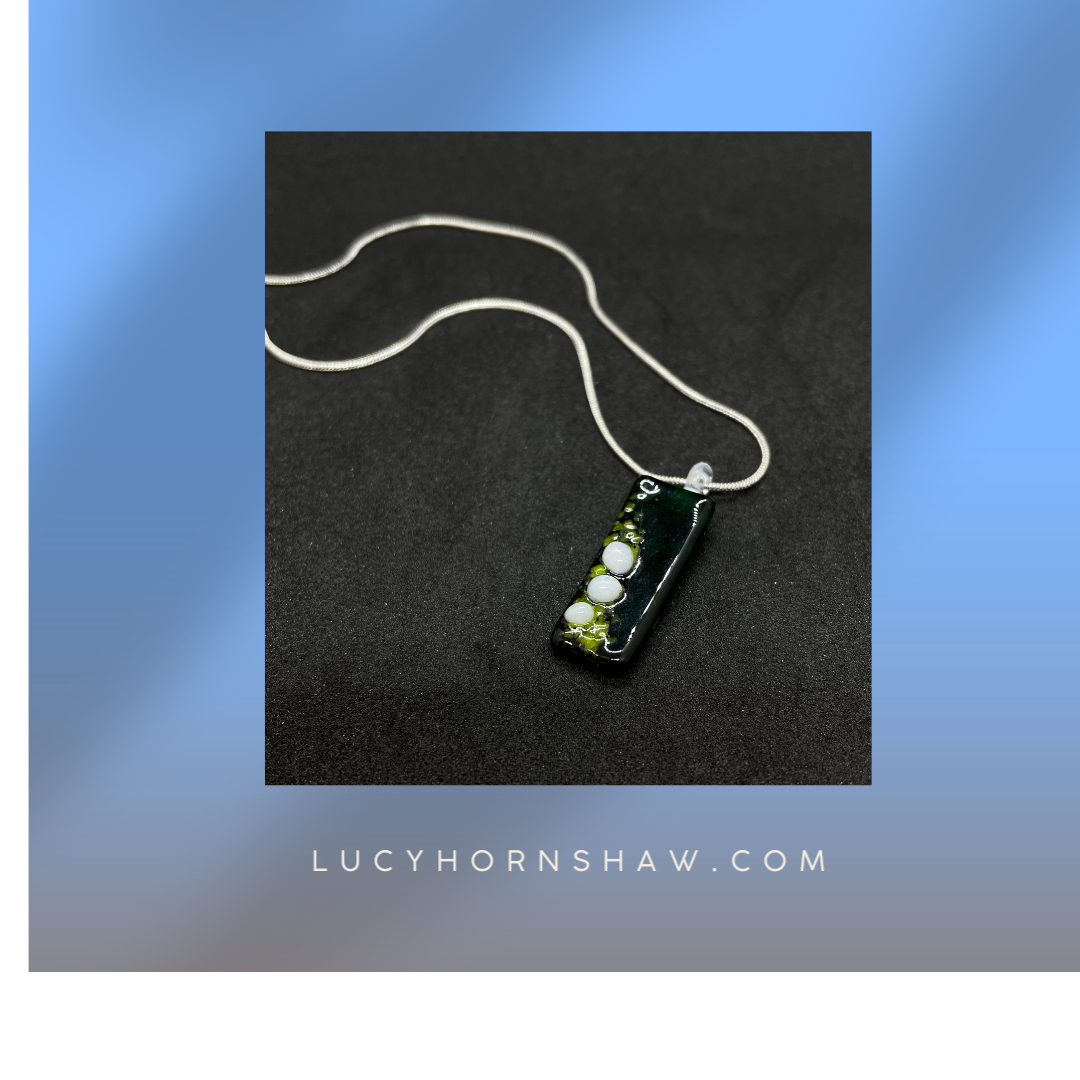 Fused green and white glass oblong necklace