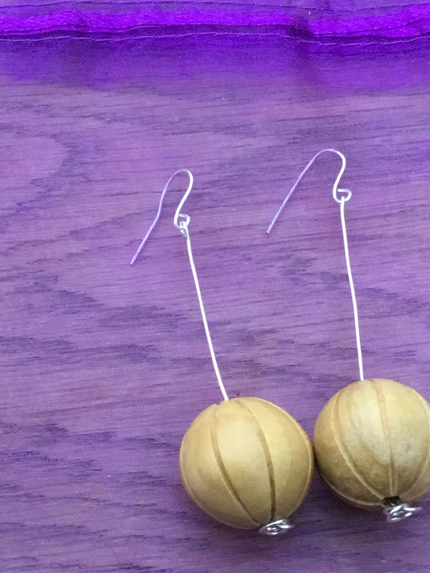 Wooden cream beads on wire earrings