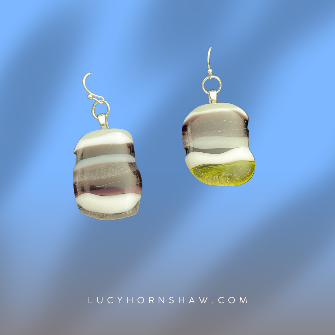 Fused green, brown, white glass oblong earrings