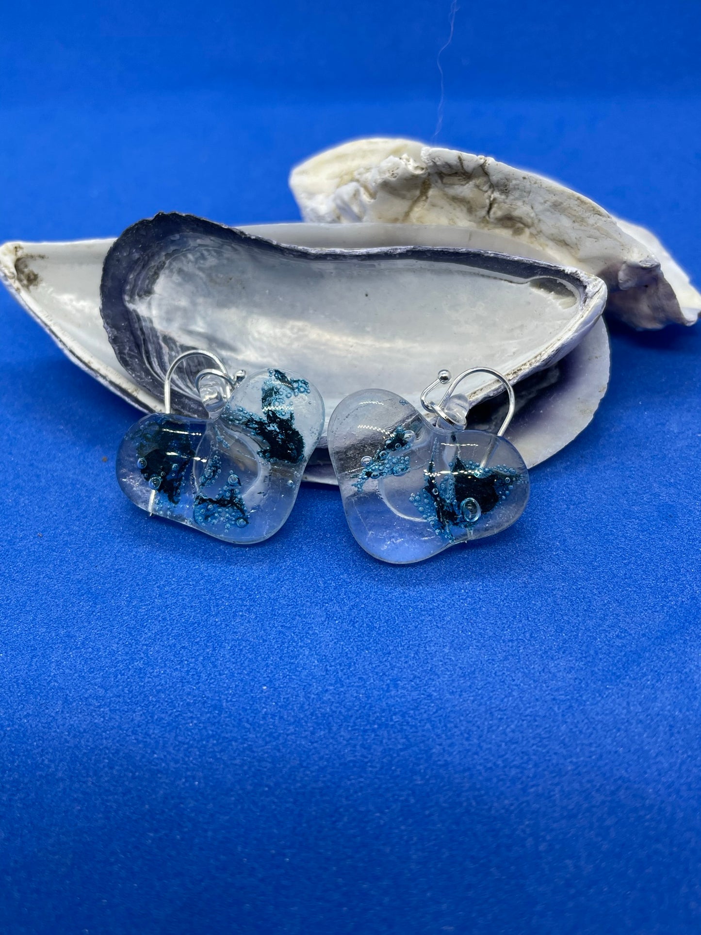 Fused clear and blue glass heart earrings