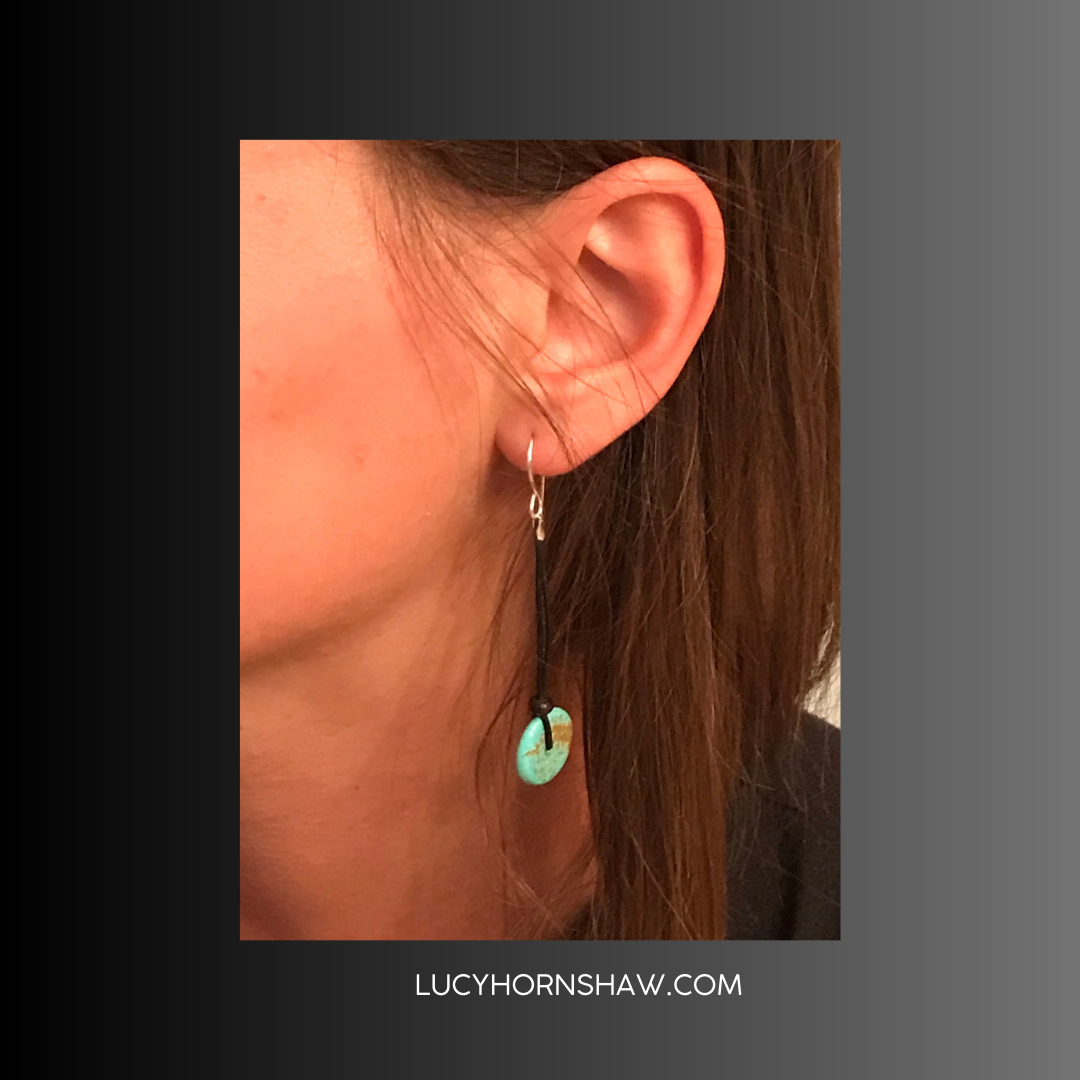 Turquoise bead on black leather cord earrings
