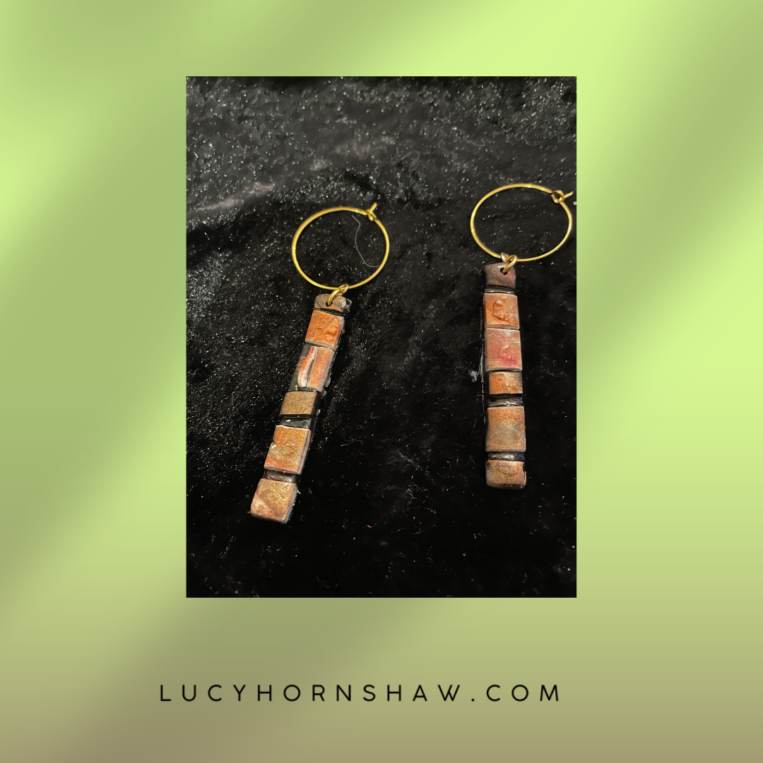 Brown & black metallic ink, on hoop Polymer clay earrings