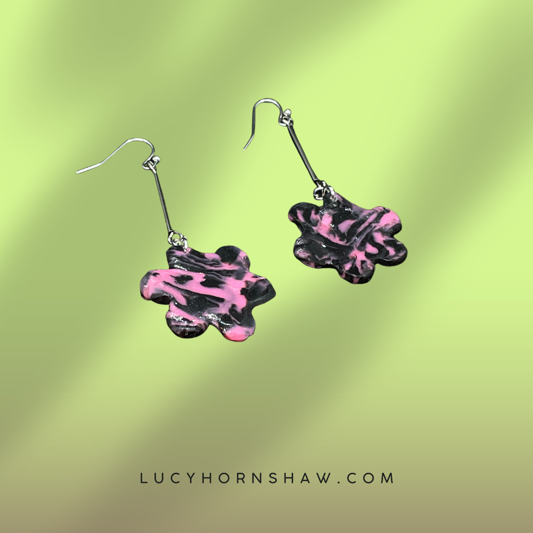 Pink & black flower clay earrings