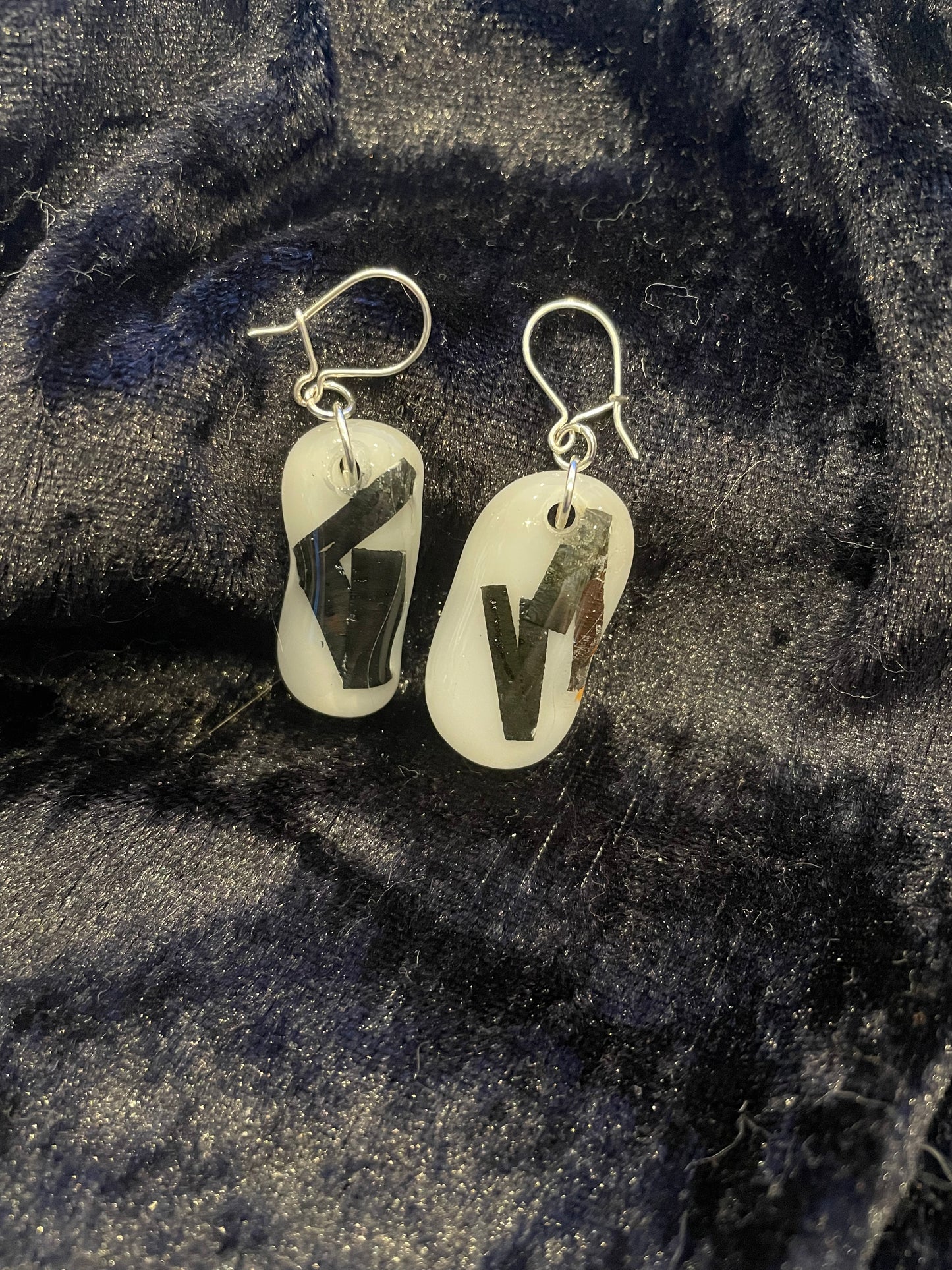 Fused white & copper glass oblong earrings