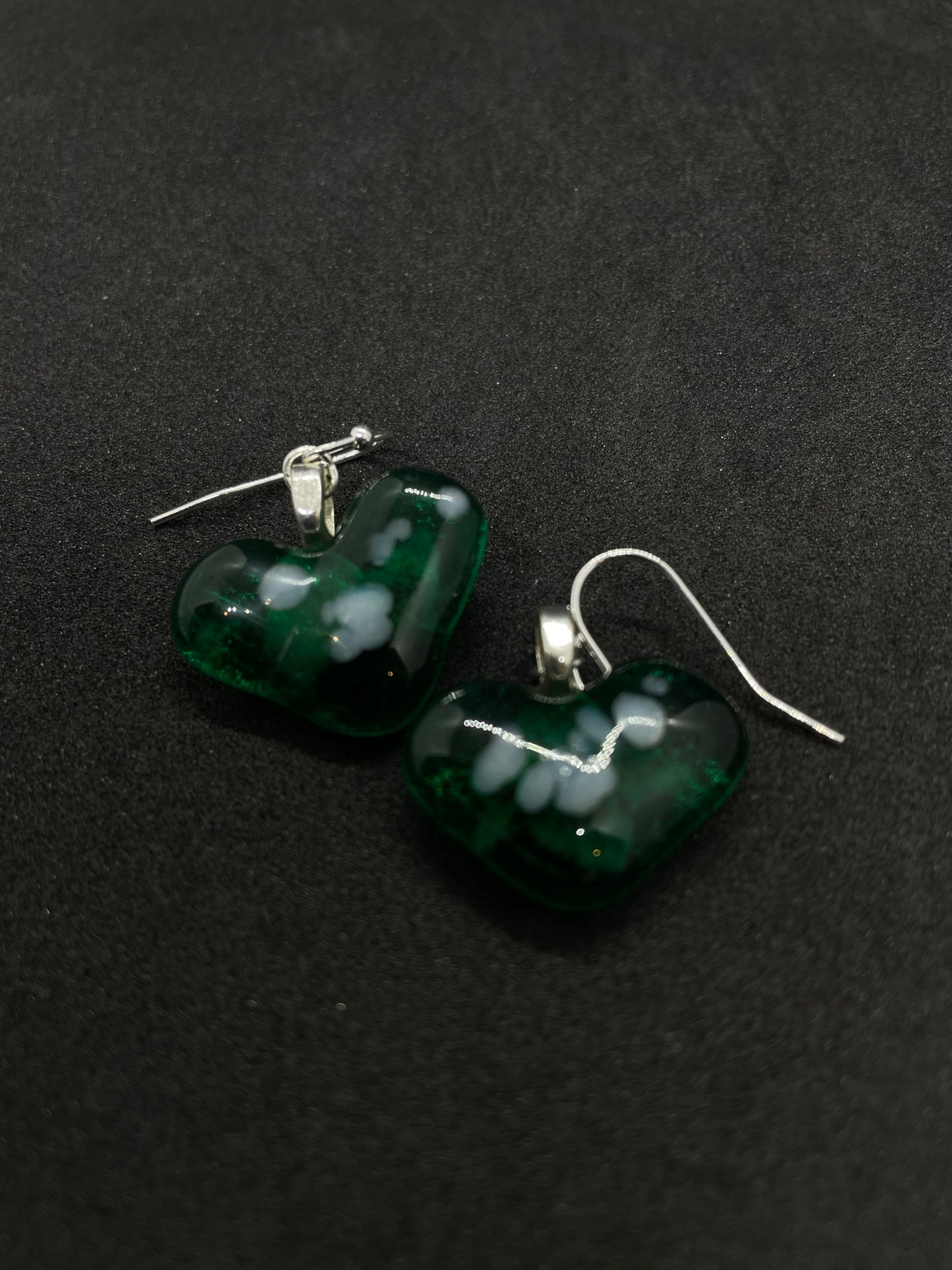 Fused green and white glass heart earrings