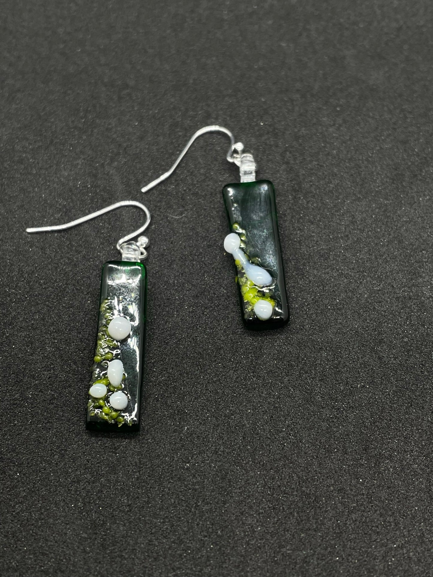 Fused green, lime and white glass oblong earrings