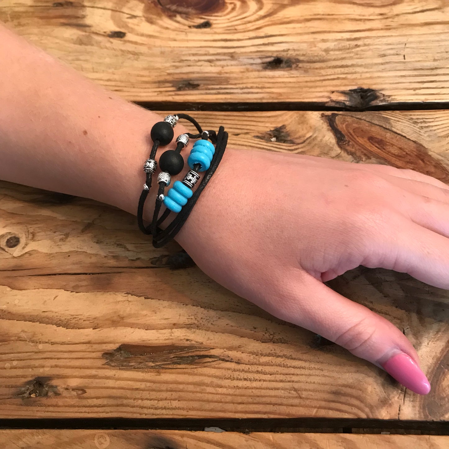 Leather & blue bead bracelet