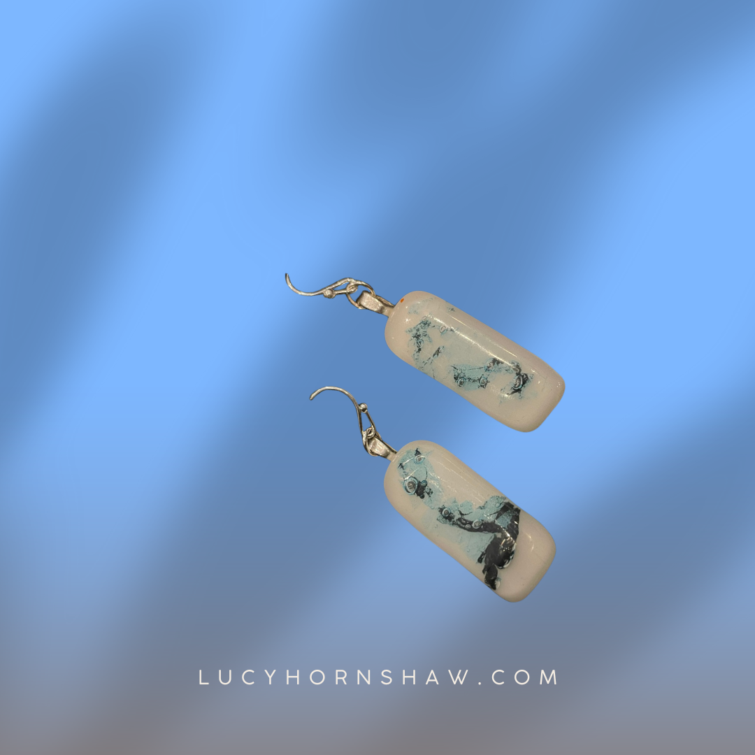 Fused white & blue glass oblong drop earrings.