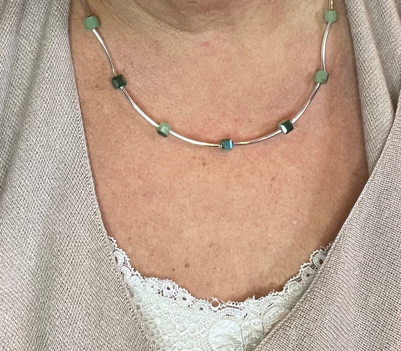 Wire & green bead bracelet