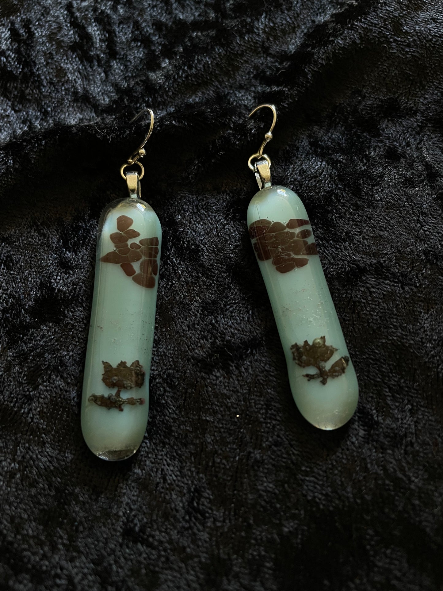 Fused turquoise & grey glass oblong earrings