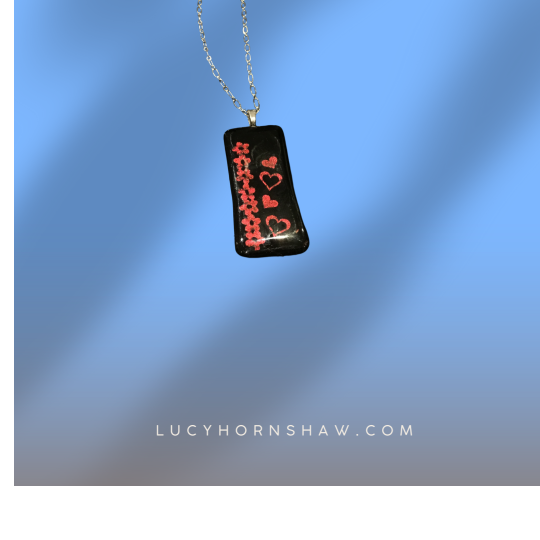 Fused black and red glass oblong necklace