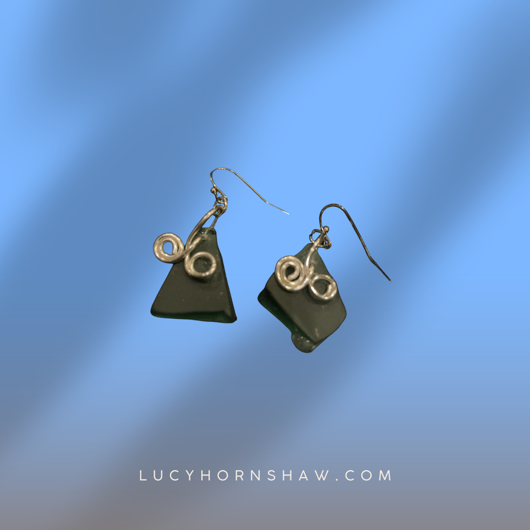 Green Seaglass earrings with silver wire wrap