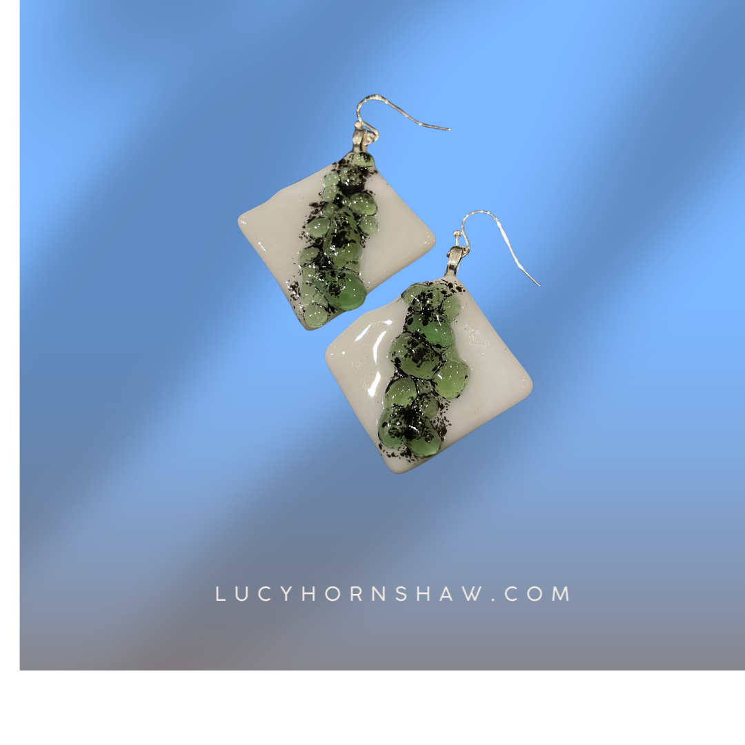 Fused lime green & white glass rhombus earrings