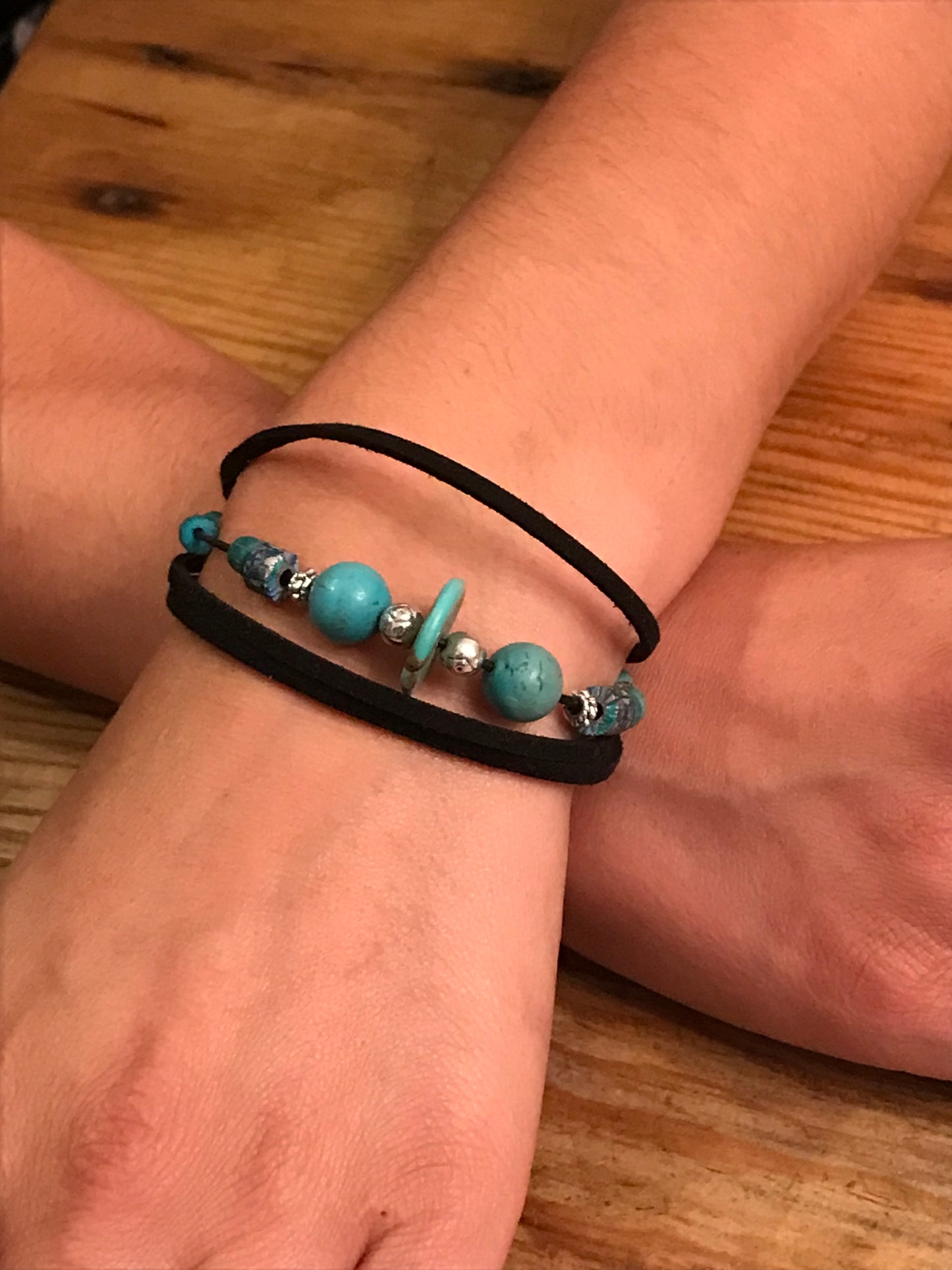 Leather & blue bead bracelet