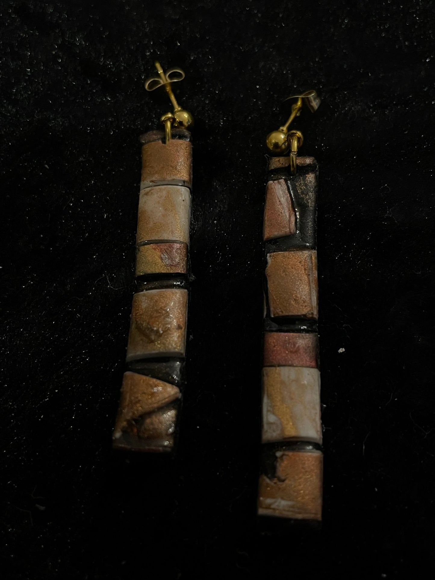 Brown & black metallic ink long bling Polymer clay earrings