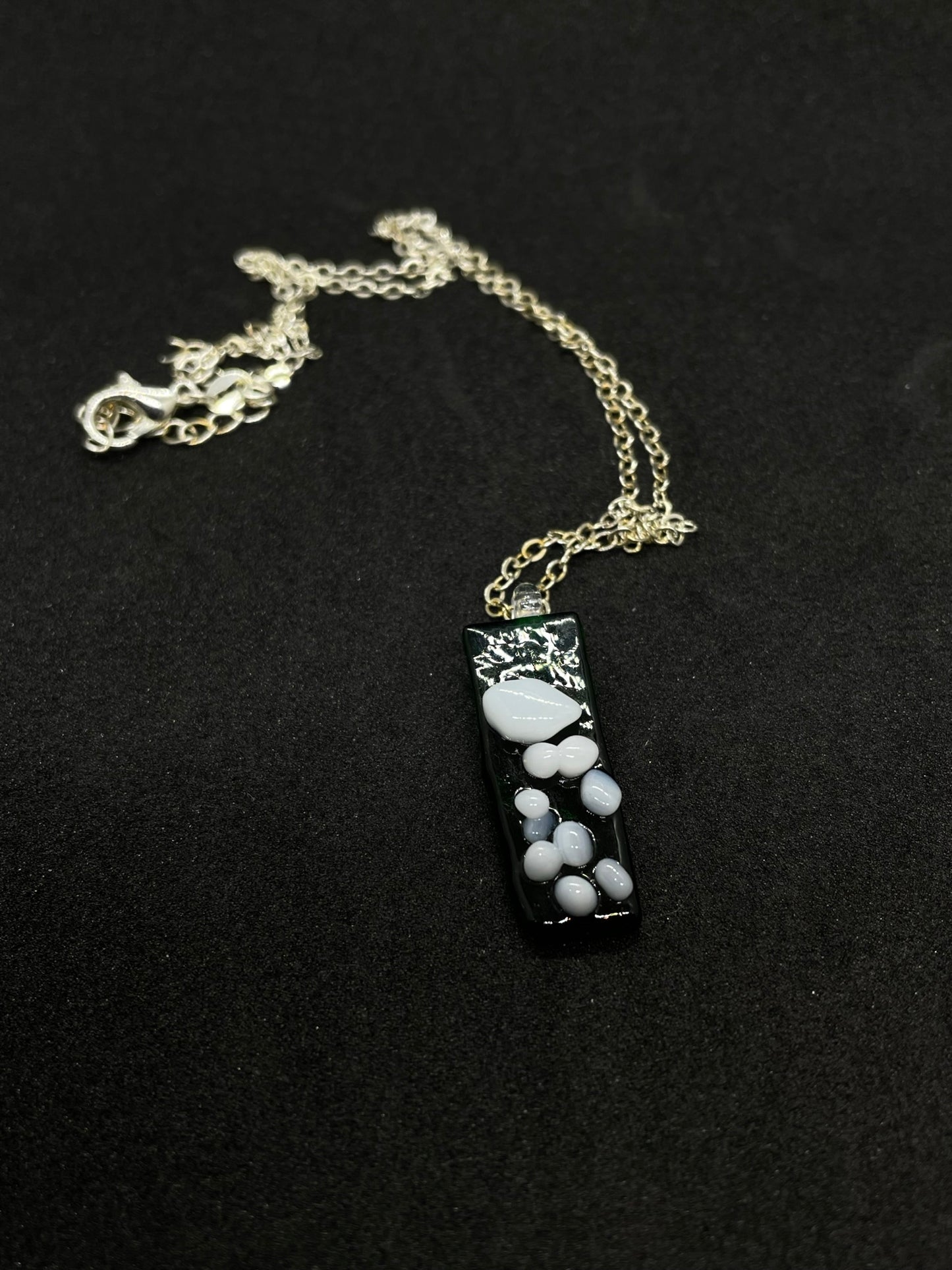 Fused green and white glass oblong necklace