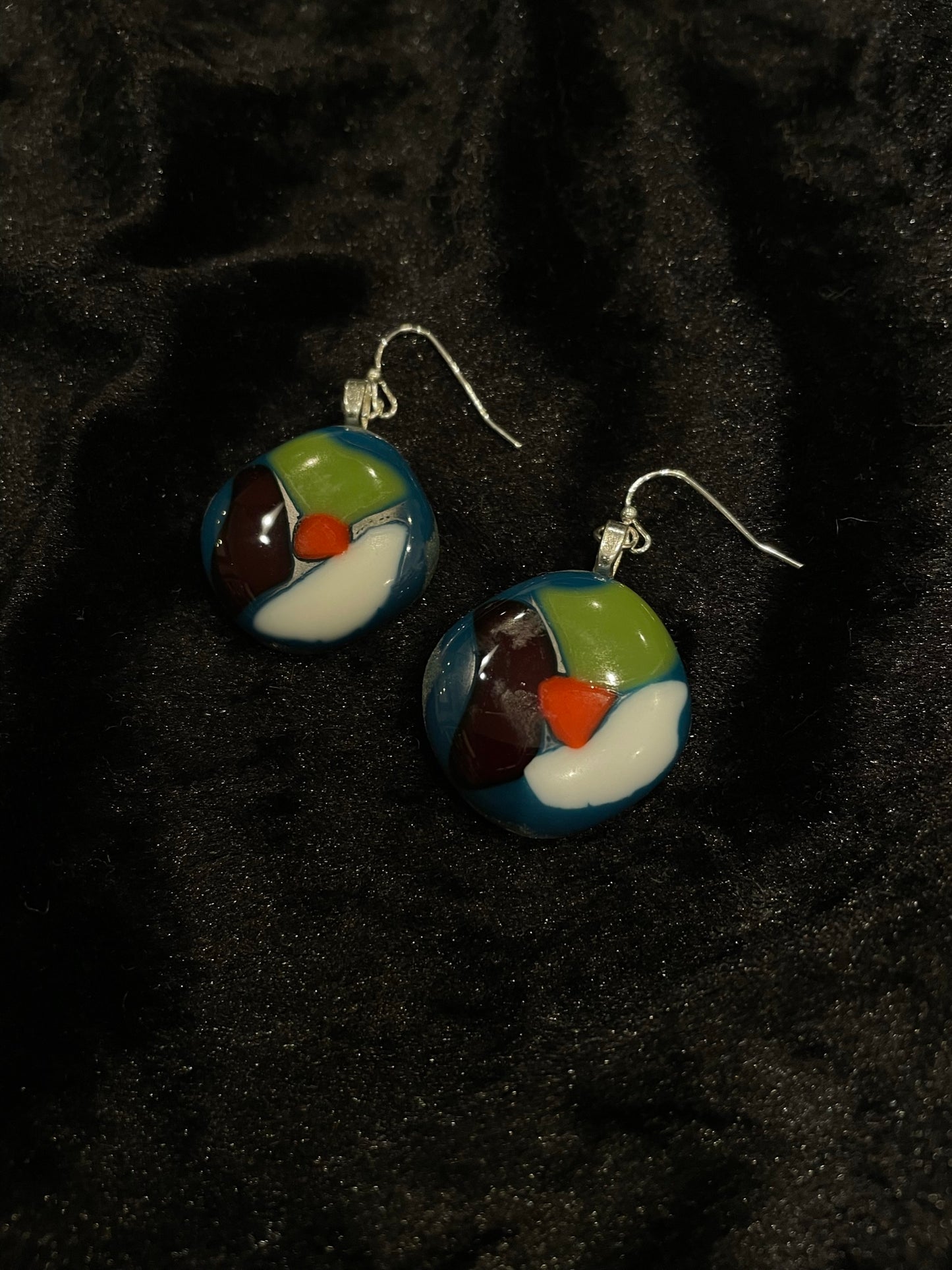 Fused orange, green, white & red glass rounded rhombus earrings