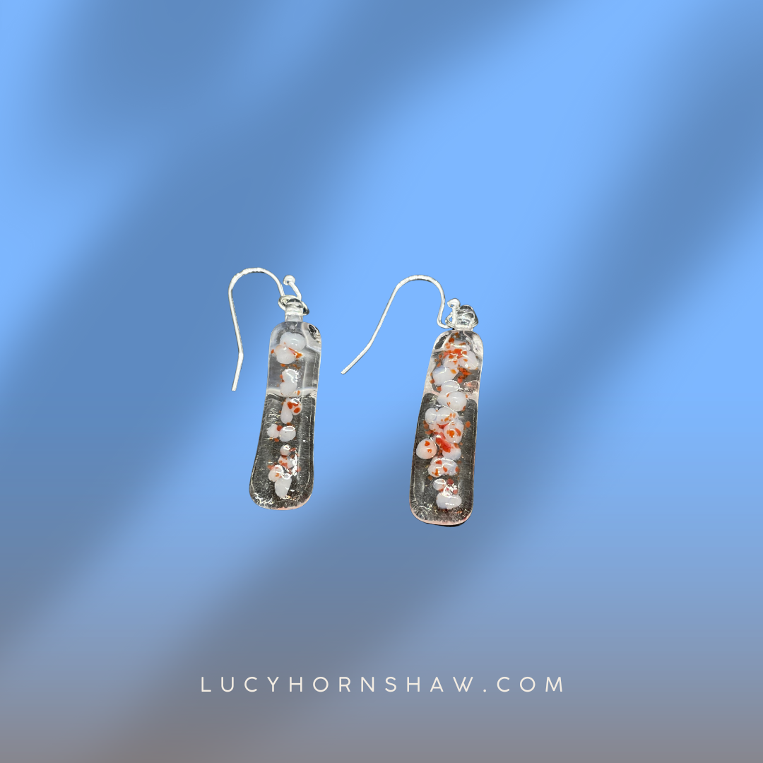 Fused clear, white and red glass oblong earrings