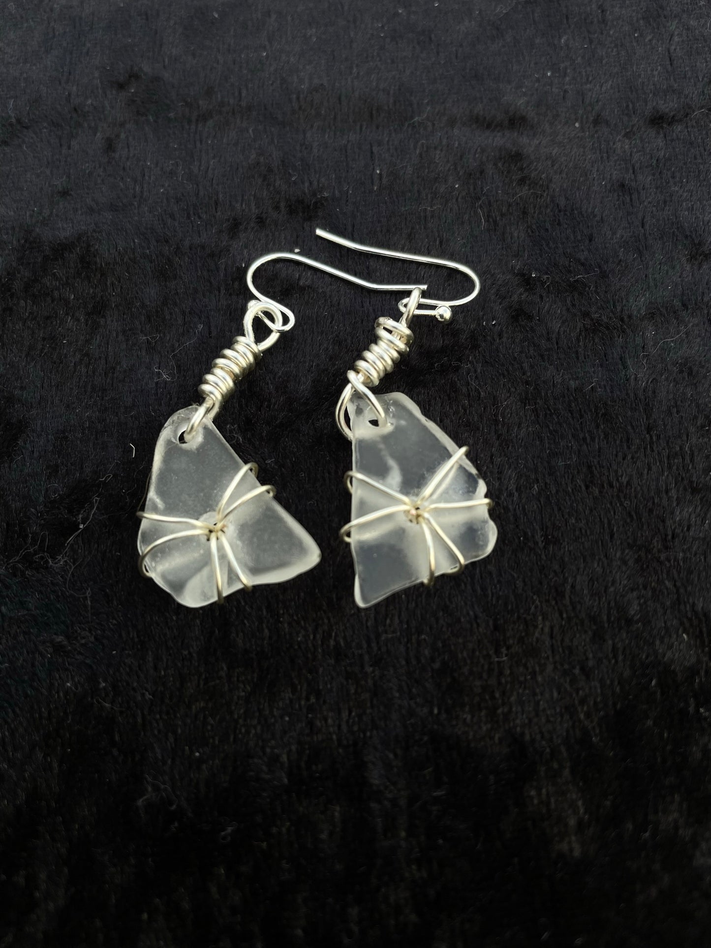 White Seaglass earrings with silver wire wrap