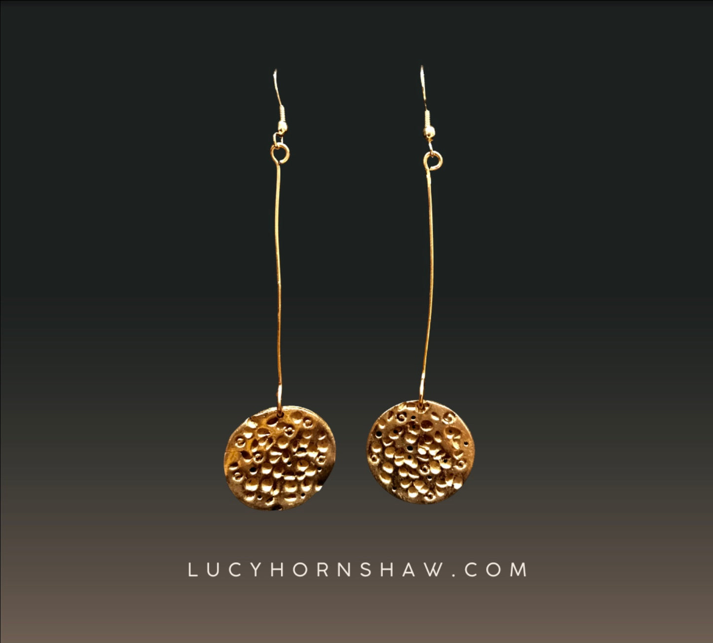 Bronze disc on long drop earrings
