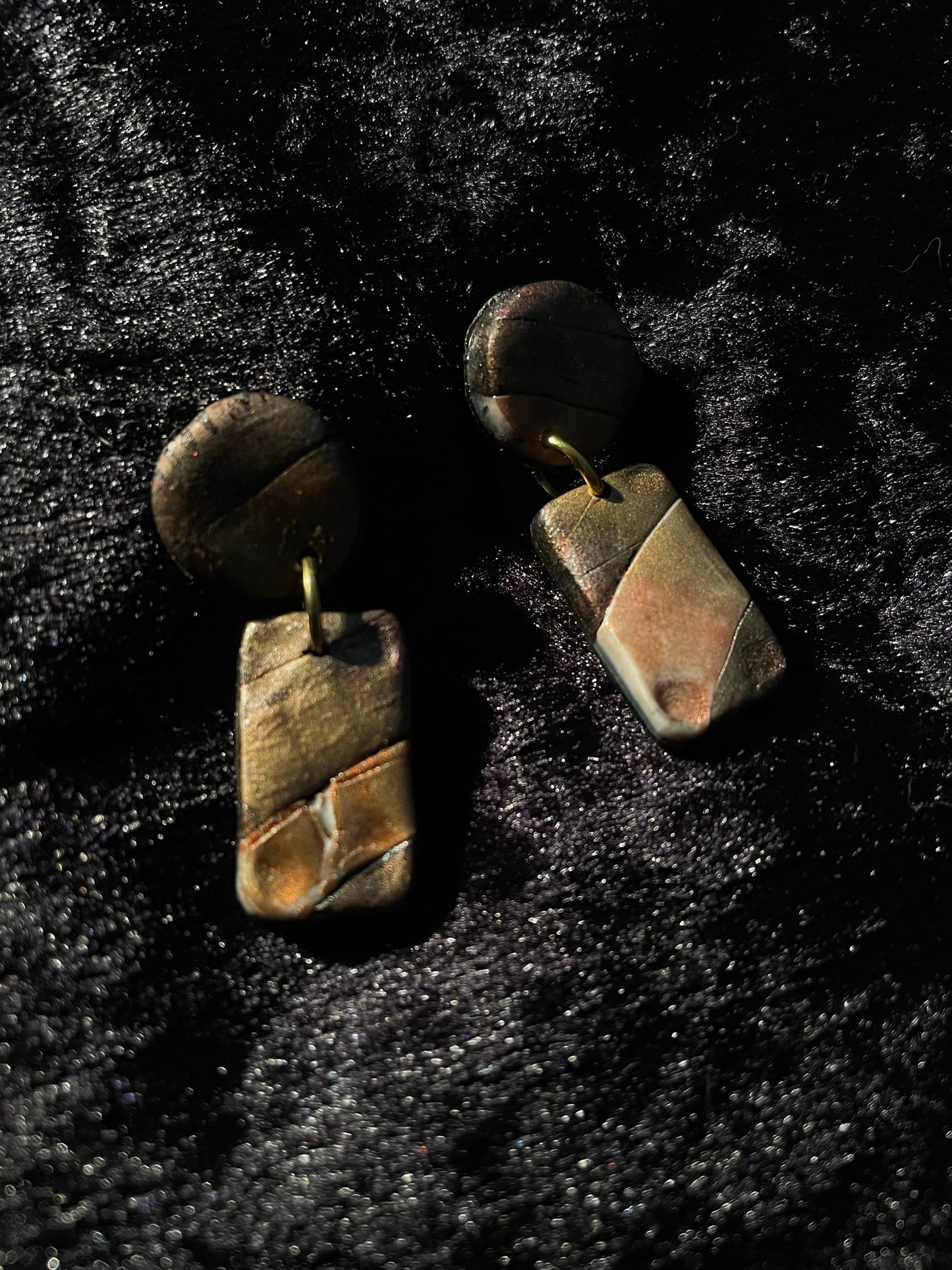 Brown & black metallic ink oblong on disc Polymer clay earrings