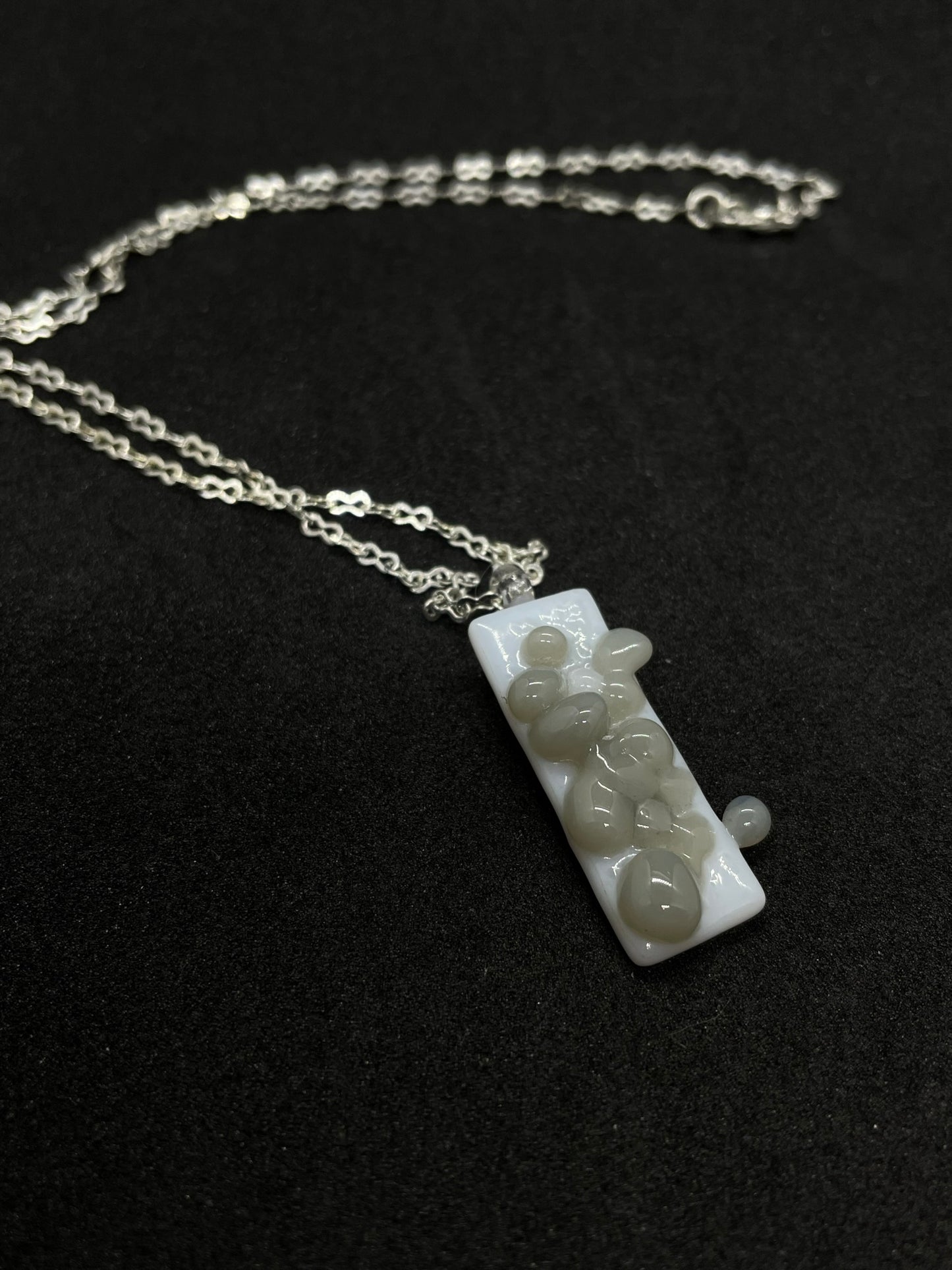 Fused grey and white glass oblong necklace