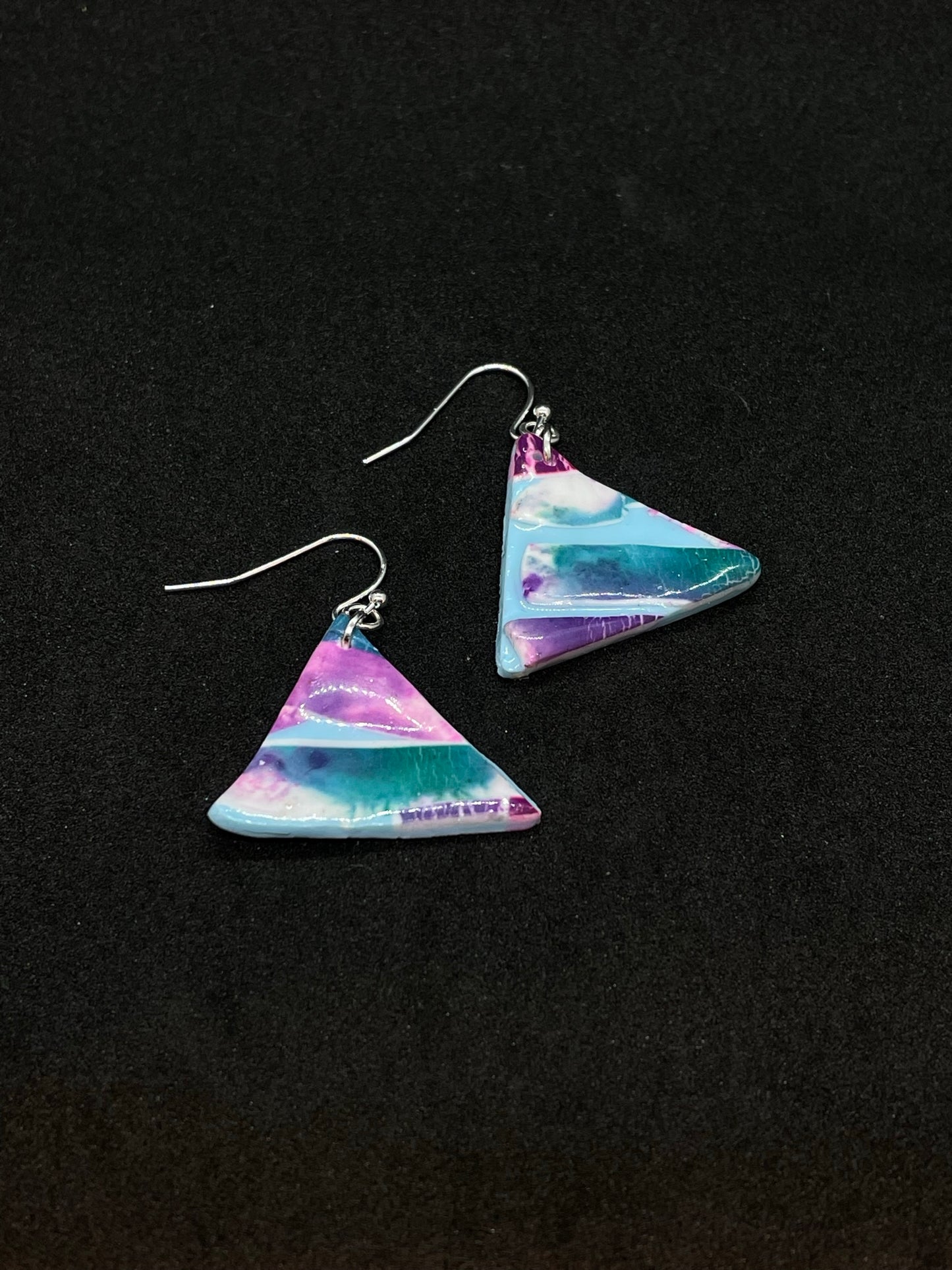 Pink & blue metallic ink triangle Polymer clay earrings