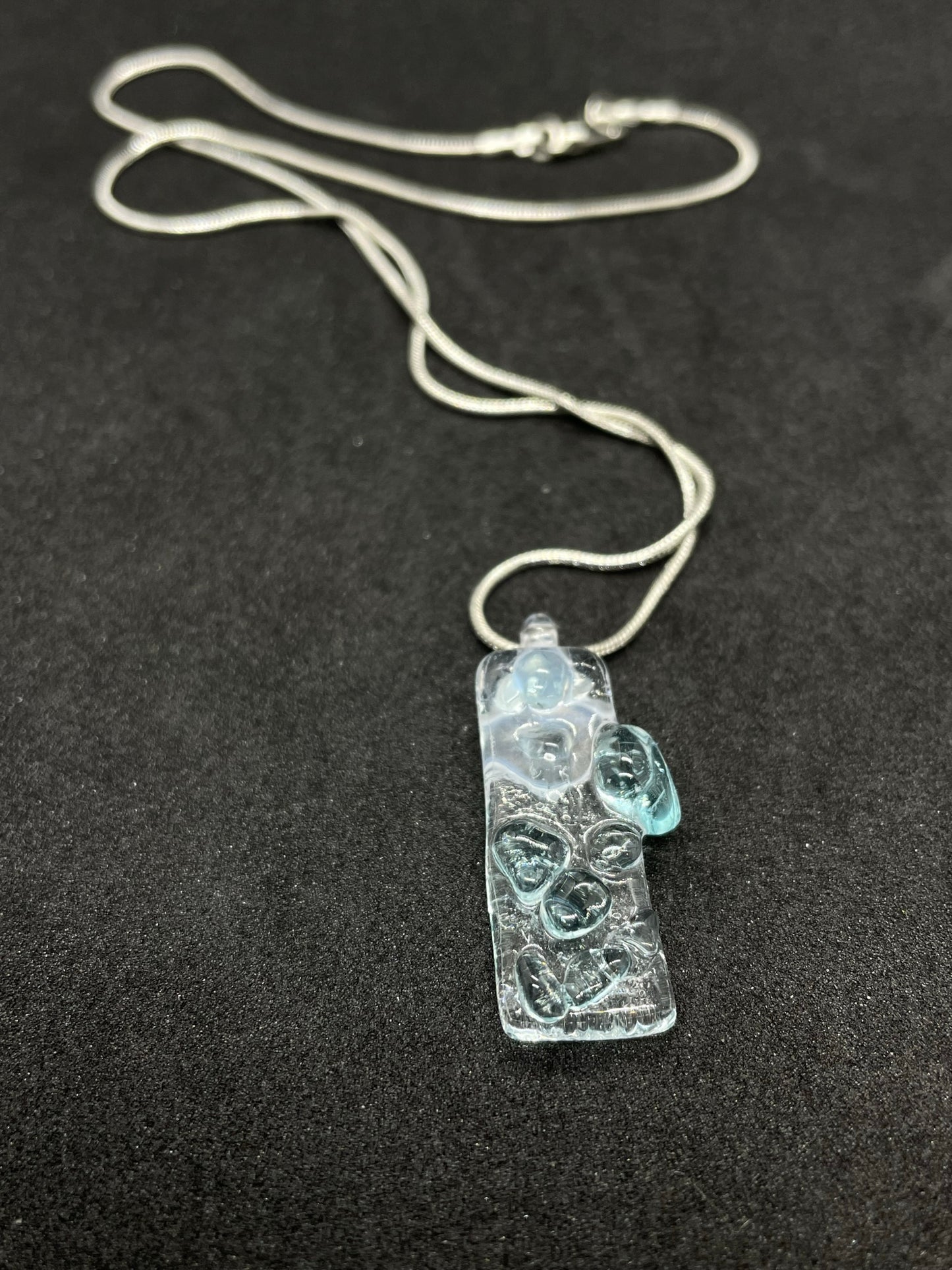 Fused clear and green glass bubbles oblong necklace