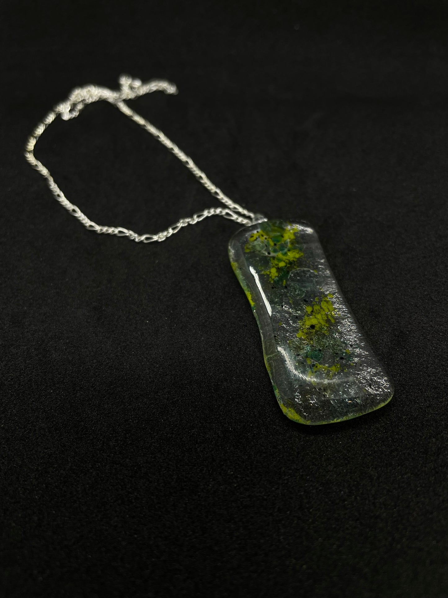 Fused clear and green glass oblong necklace