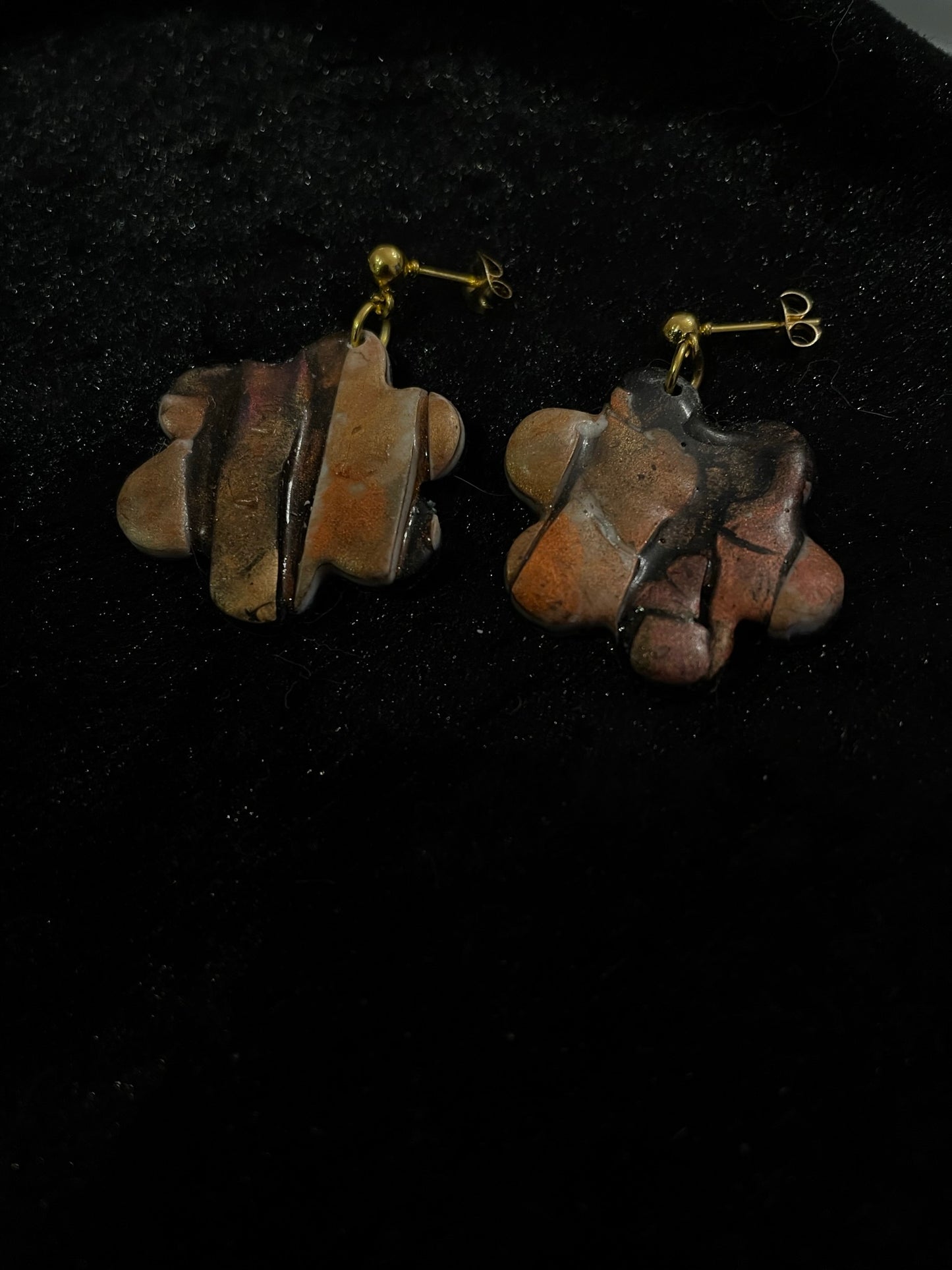 Brown & black metallic ink flower Polymer clay earrings