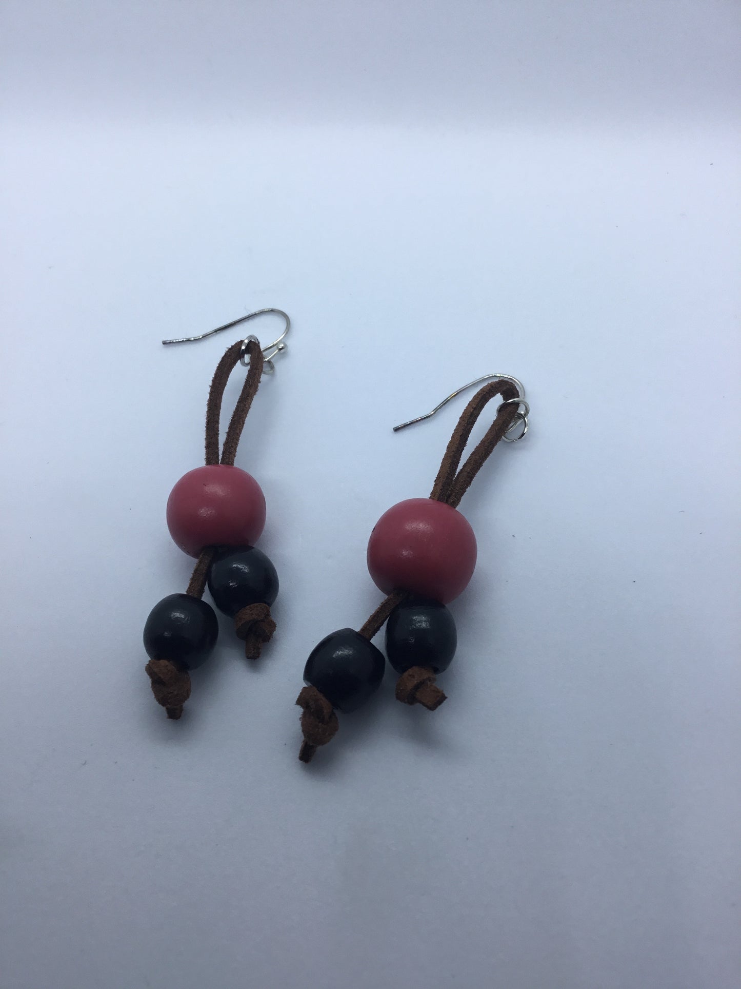 Pink & black bead on brown cord earrings