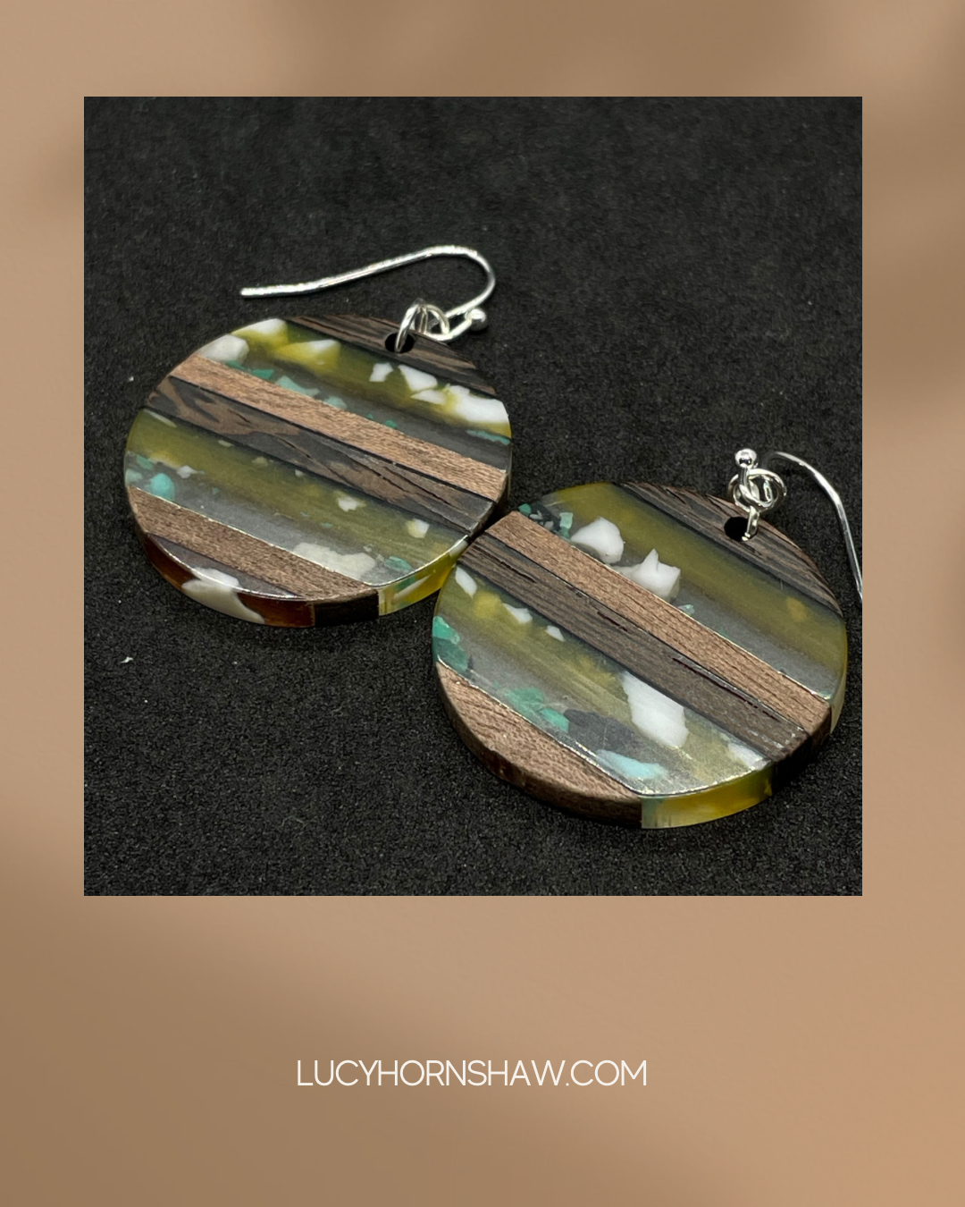 Wooden disc with resin detail drop earrings - greens, clear black & white resin