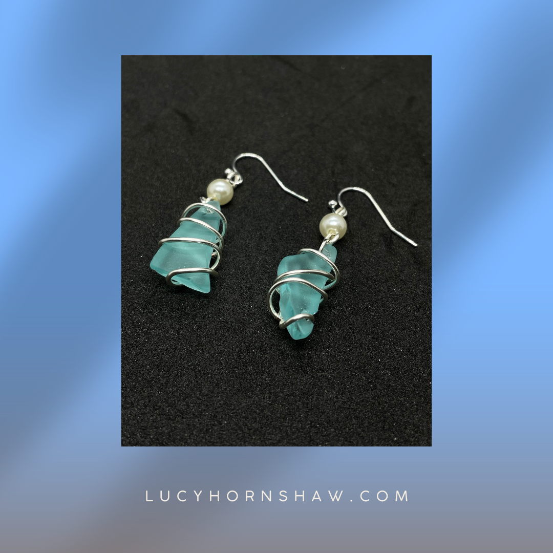 Turquoise seaglass with pearl earrings