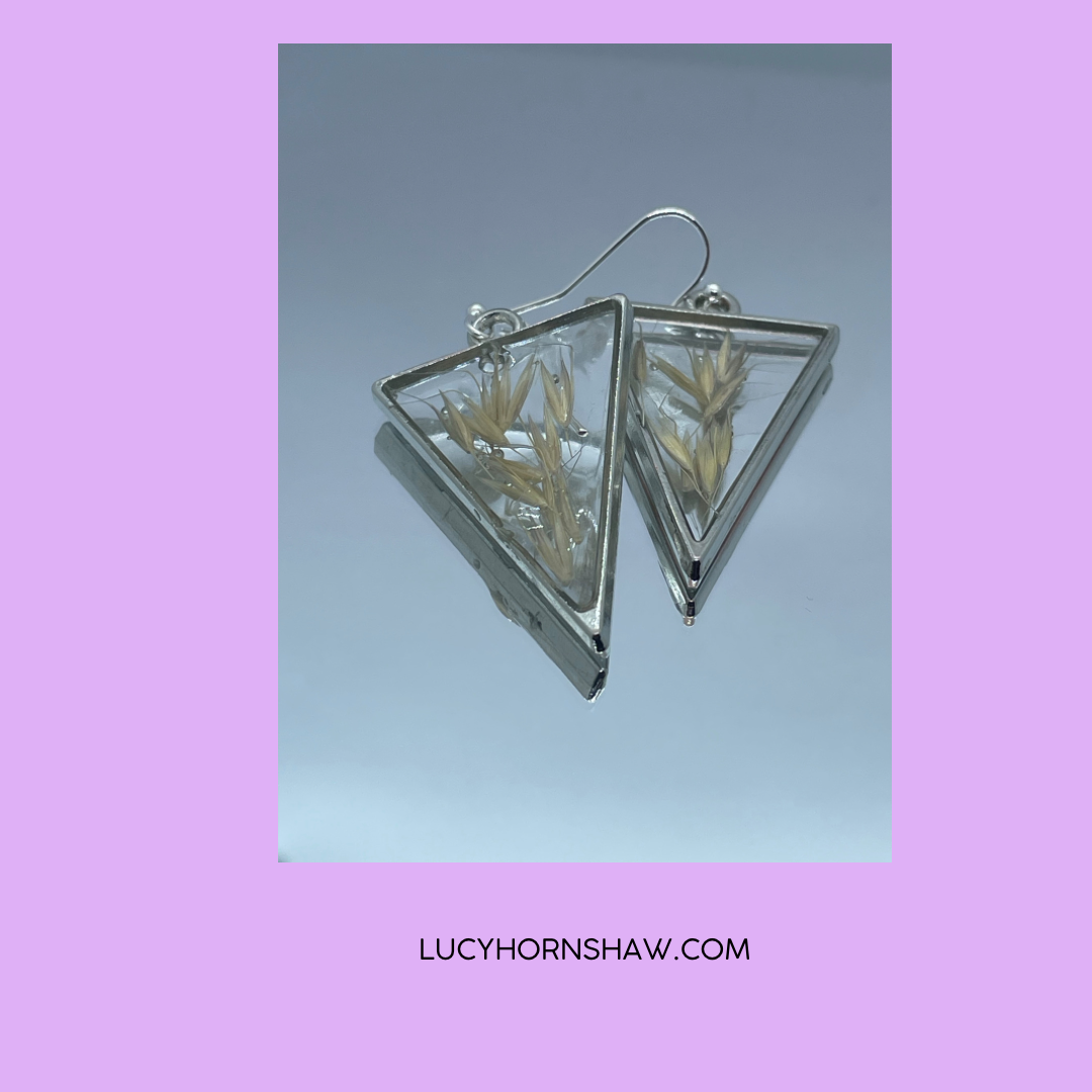 Grass seed & resin triangle earrings