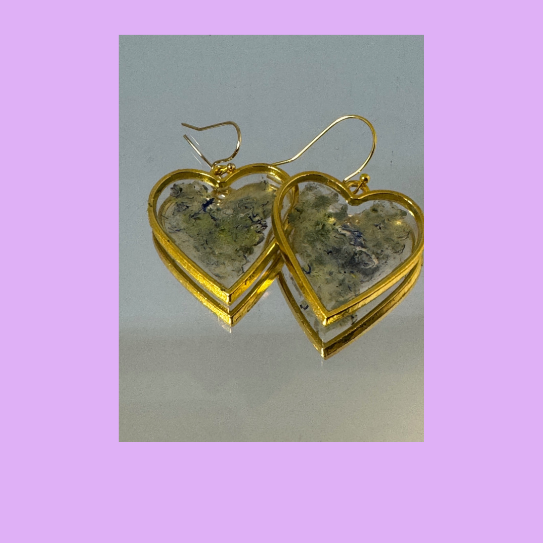 Green and clear heart drop earrings