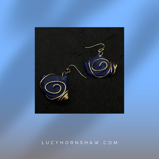 Blue Seaglass with gold wire coils, drop earrings