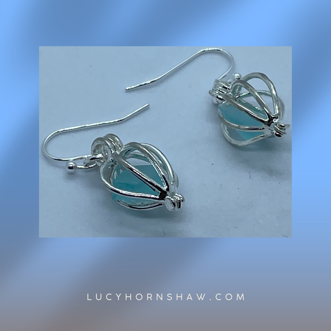 Turquoise Seaglass in silver cage earrings