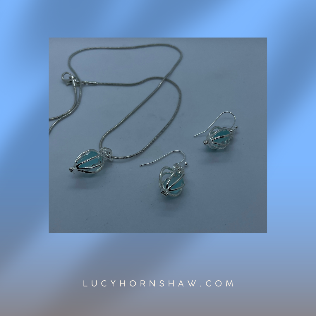 Turquoise Seaglass in silver cage earrings