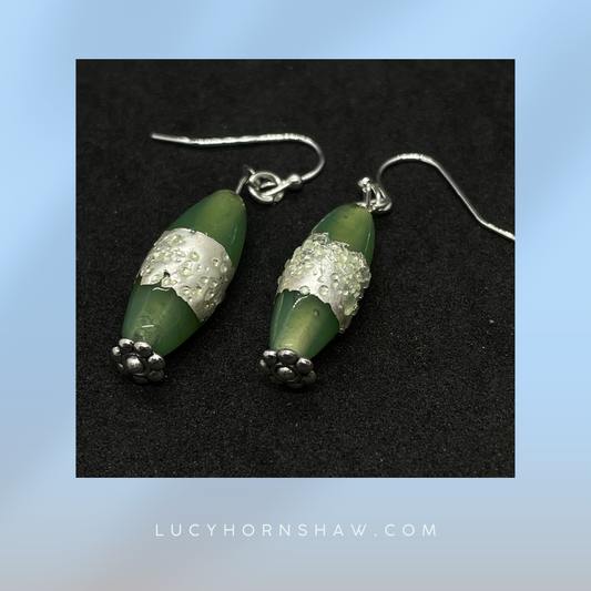 Green glass with silver detail drop earrings