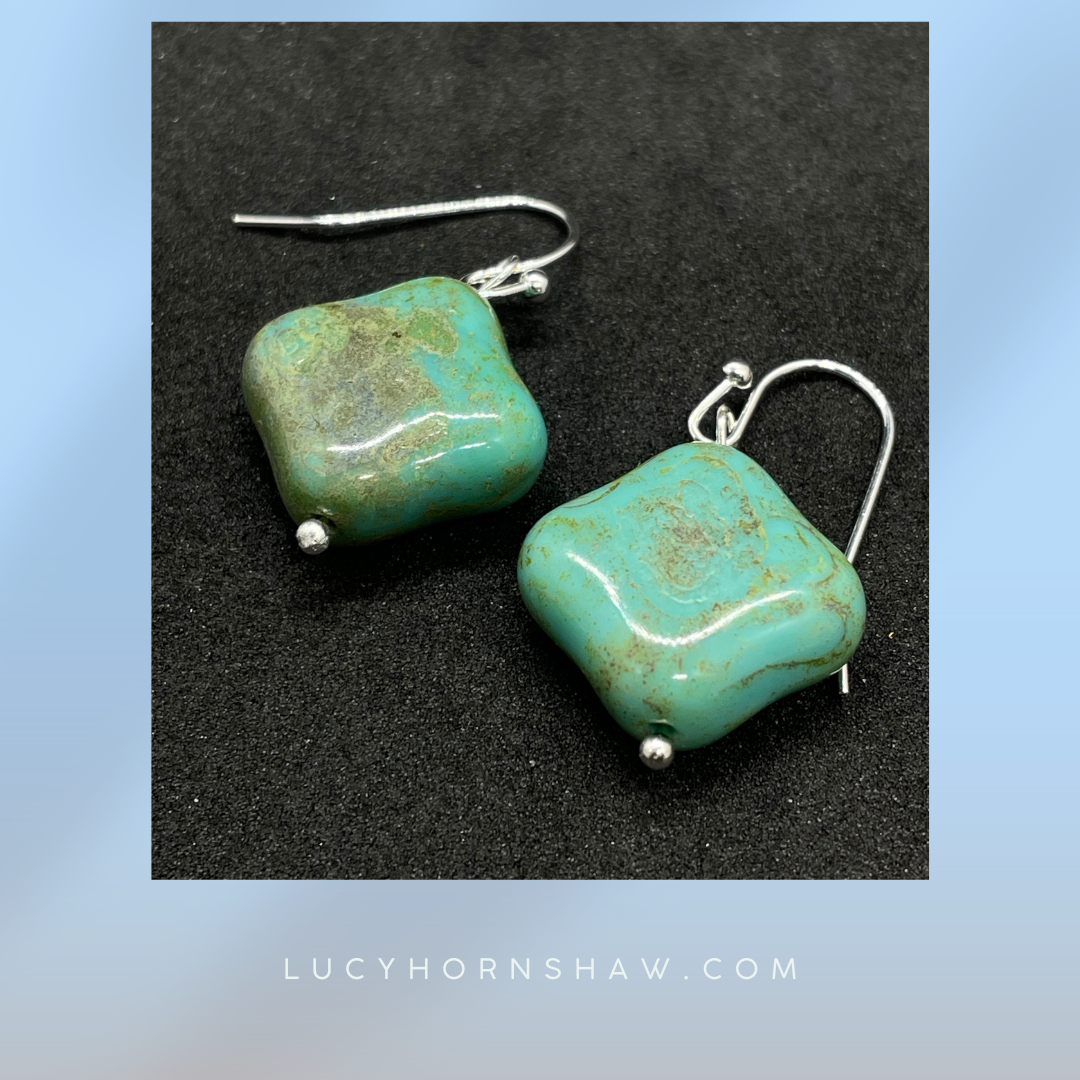 Turquoise rhombus bead on silver French hook, drop earrings