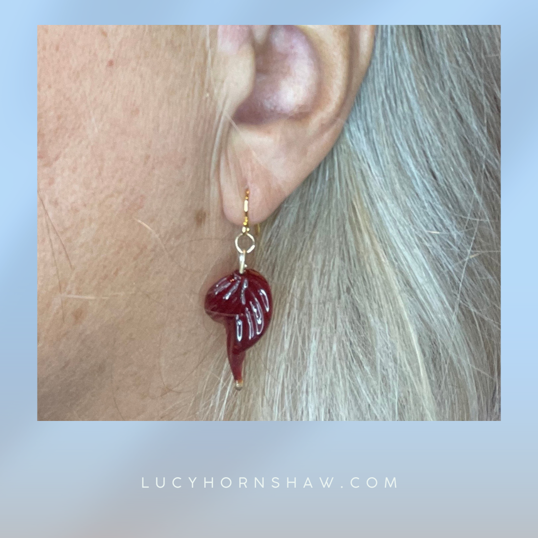 Rose red glass leaf drop earrings