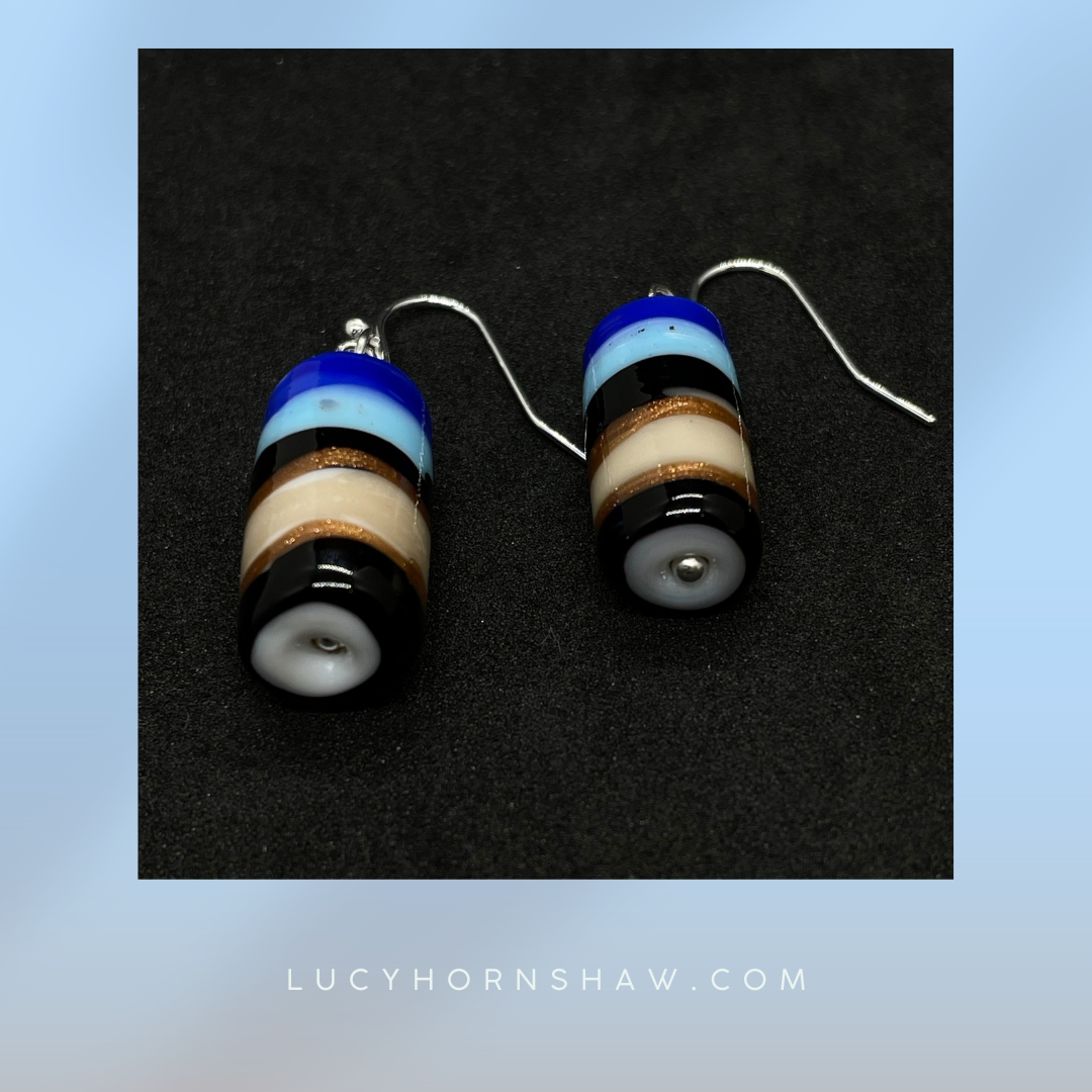 Blue, black and white cylinder drop earrings