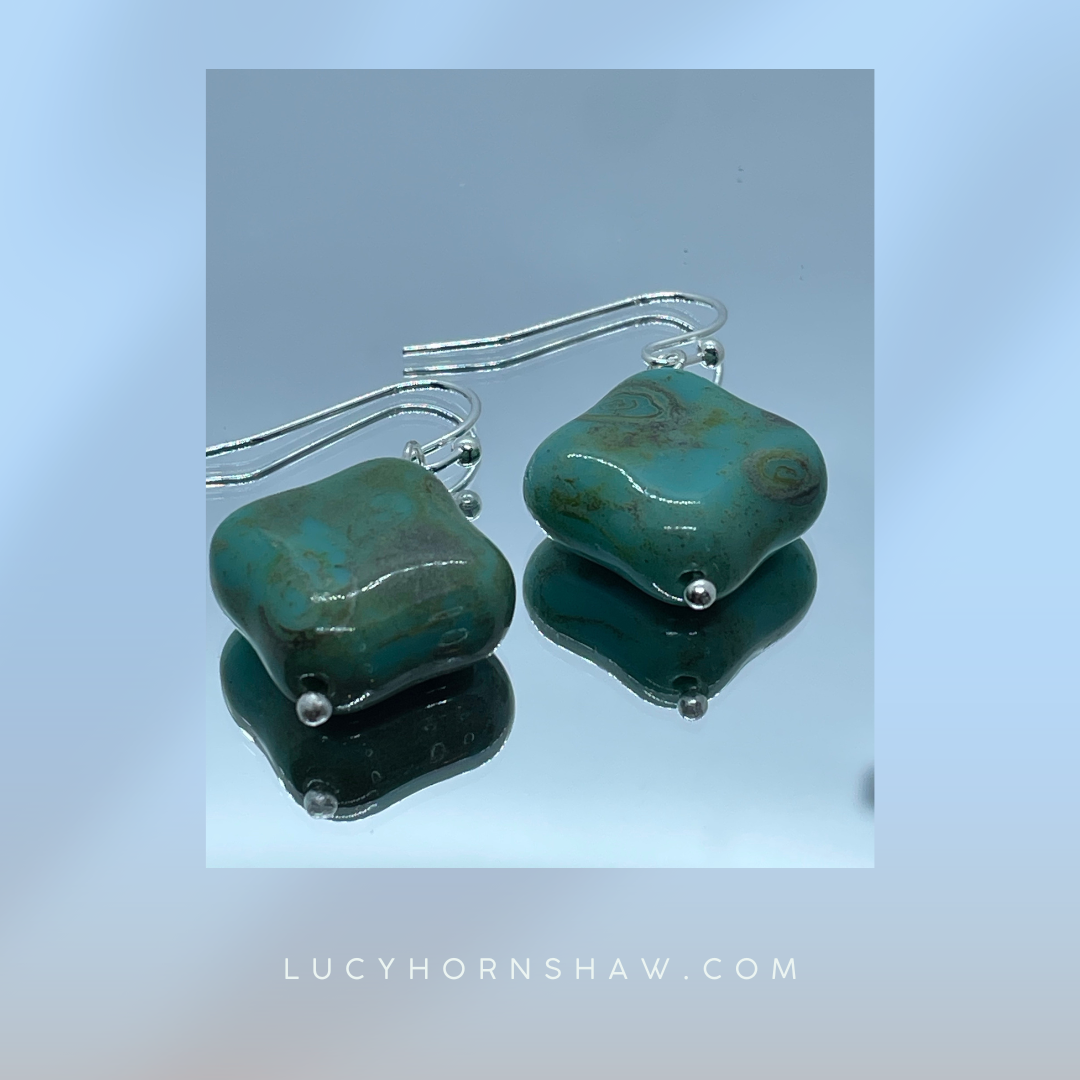 Turquoise rhombus bead on silver French hook, drop earrings