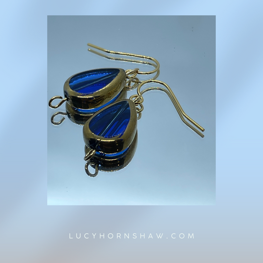 Blue glass teardrop bead, drop earrings
